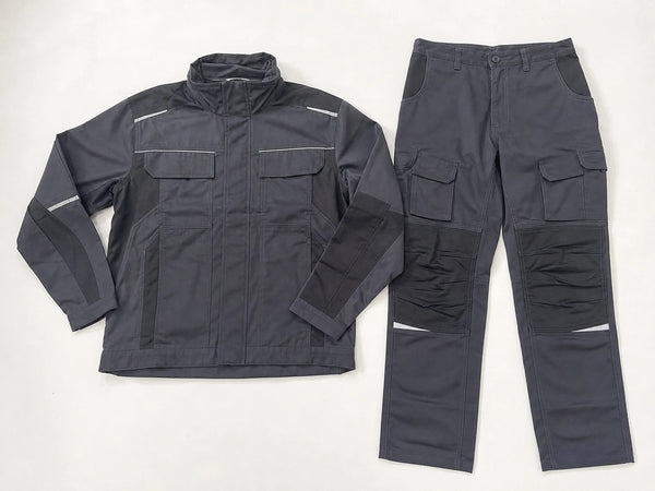 Custom charcoal workwear jacket and cargo trousers, front flat lay