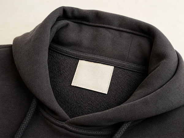 Photorealistic product mockup showing a blank cream woven neck label sewn into a charcoal heavyweight hoodie collar.