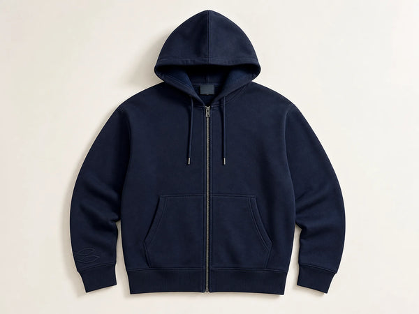 Custom zip-up hoodie in navy heavyweight fleece, front flat lay