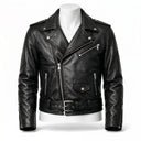 Black leather jacket on a mannequin against a white background