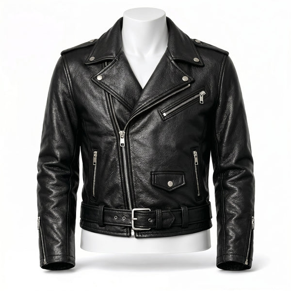 Black leather jacket on a mannequin against a white background