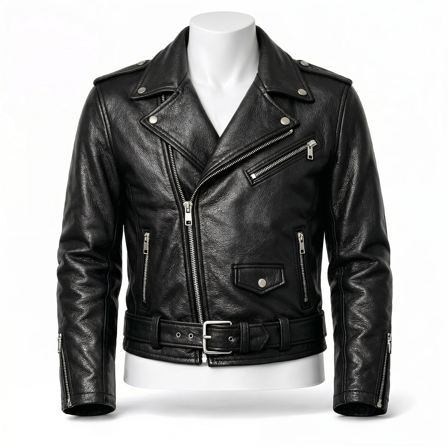 Black leather jacket on a mannequin against a white background