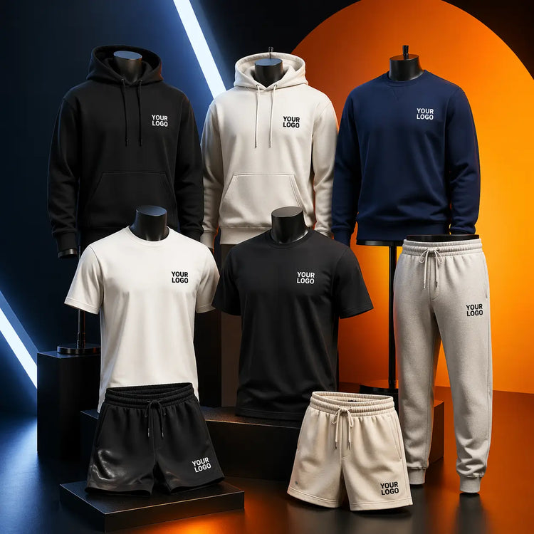 Collection of clothing items on mannequins with 'YOUR LOGO' text against a colorful background.