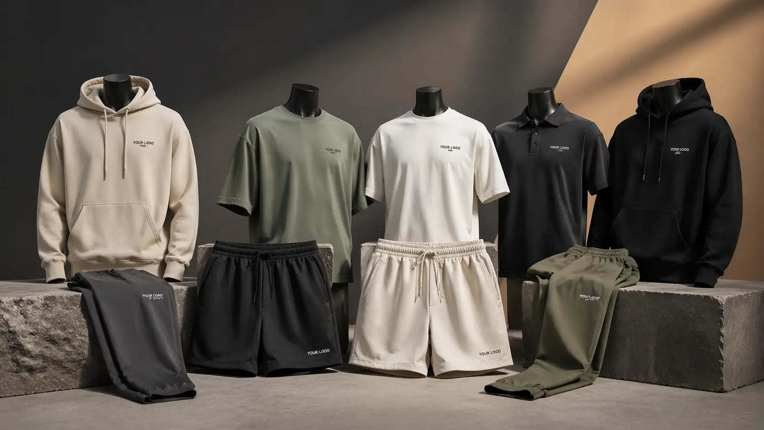Collection of clothing items including hoodies, t-shirts, and pants on mannequins against a gradient background.