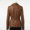 Brown leather jacket on a mannequin against a white background