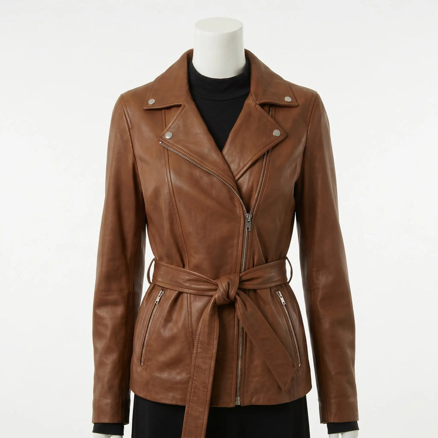 Brown leather jacket on a mannequin against a white background