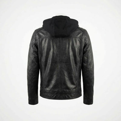 Hooded Biker Leather Jacket back view private label apparel