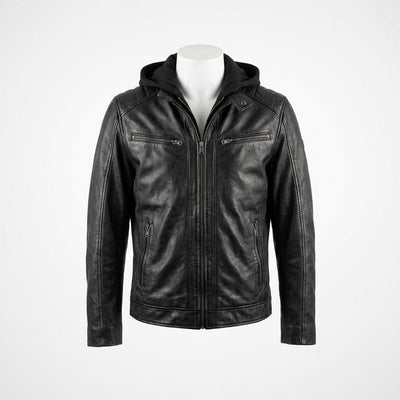 Hooded Biker Leather Jacket front view custom manufacturing
