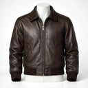 Brown leather jacket on a mannequin against a white background