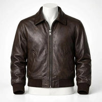 Brown leather jacket on a mannequin against a white background