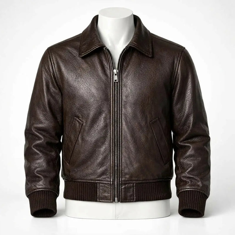 Brown leather jacket on a mannequin against a white background