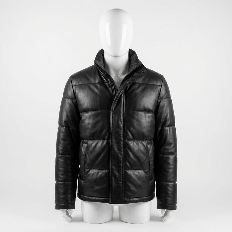 Leather Puffer Jacket front view custom manufacturing