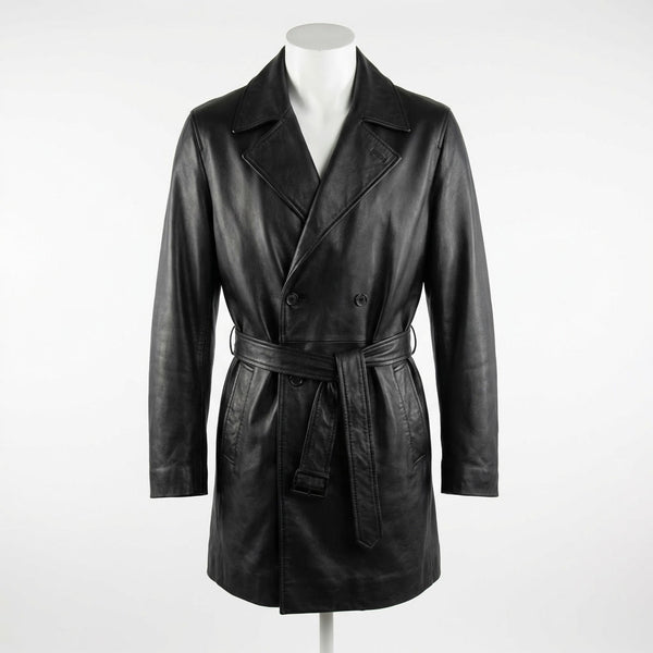 Leather Trench Coat front view custom manufacturing