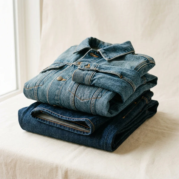 Folded custom denim samples — indigo jeans stacked under a medium-wash denim jacket — denim sampling by DenimByte