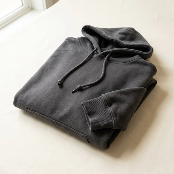 Folded charcoal custom hoodie sample with drawcords and ribbed cuffs — hoodie sampling by DenimByte