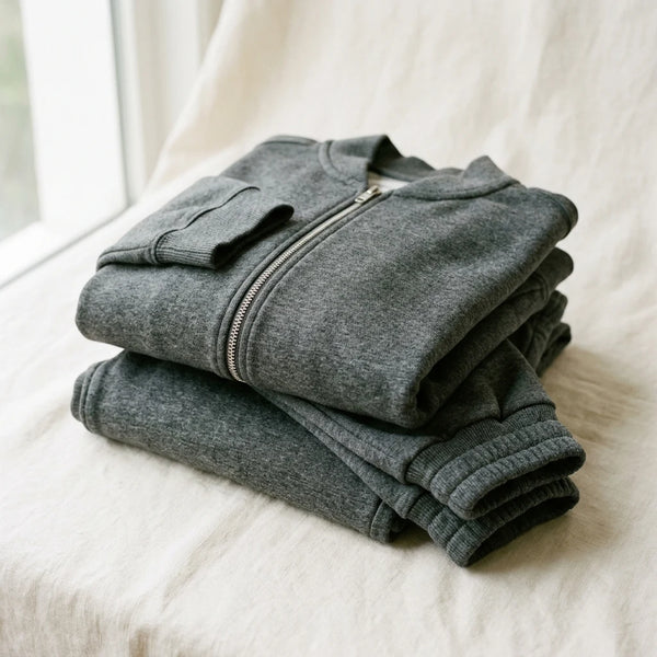 Folded grey mélange two-piece custom tracksuit sample, jacket and joggers — tracksuit sampling by DenimByte