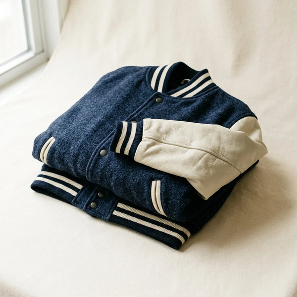 Folded navy and cream wool custom varsity jacket sample with striped ribbing — varsity jacket sampling by DenimByte