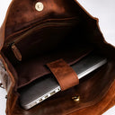Vintage leather backpack interior layout showing laptop compartment zipper pocket and storage sections